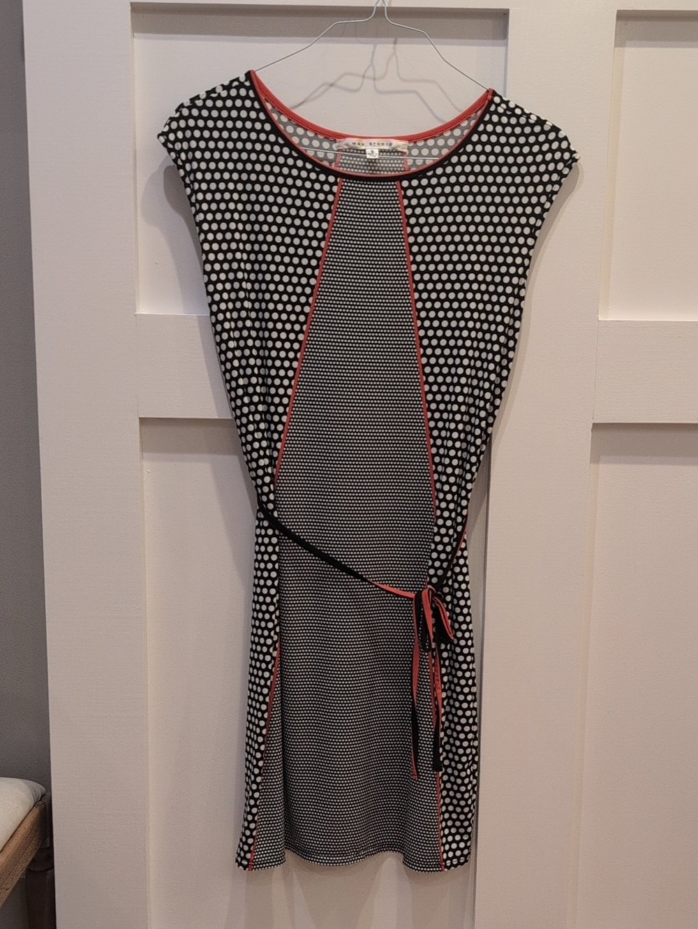 Max Studio Polka Dot Tie-Waist Dress with Coral Trim